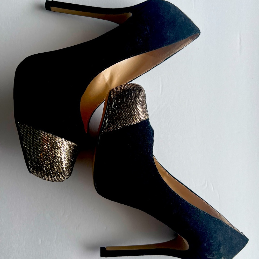 Black and gold suede 5 inch heels